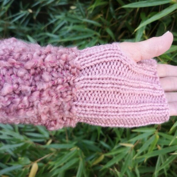 Marsala Rose Pink Handmade Knitted Loop Plush Fingerless Texting Gloves Gift - Picture 6 of 6